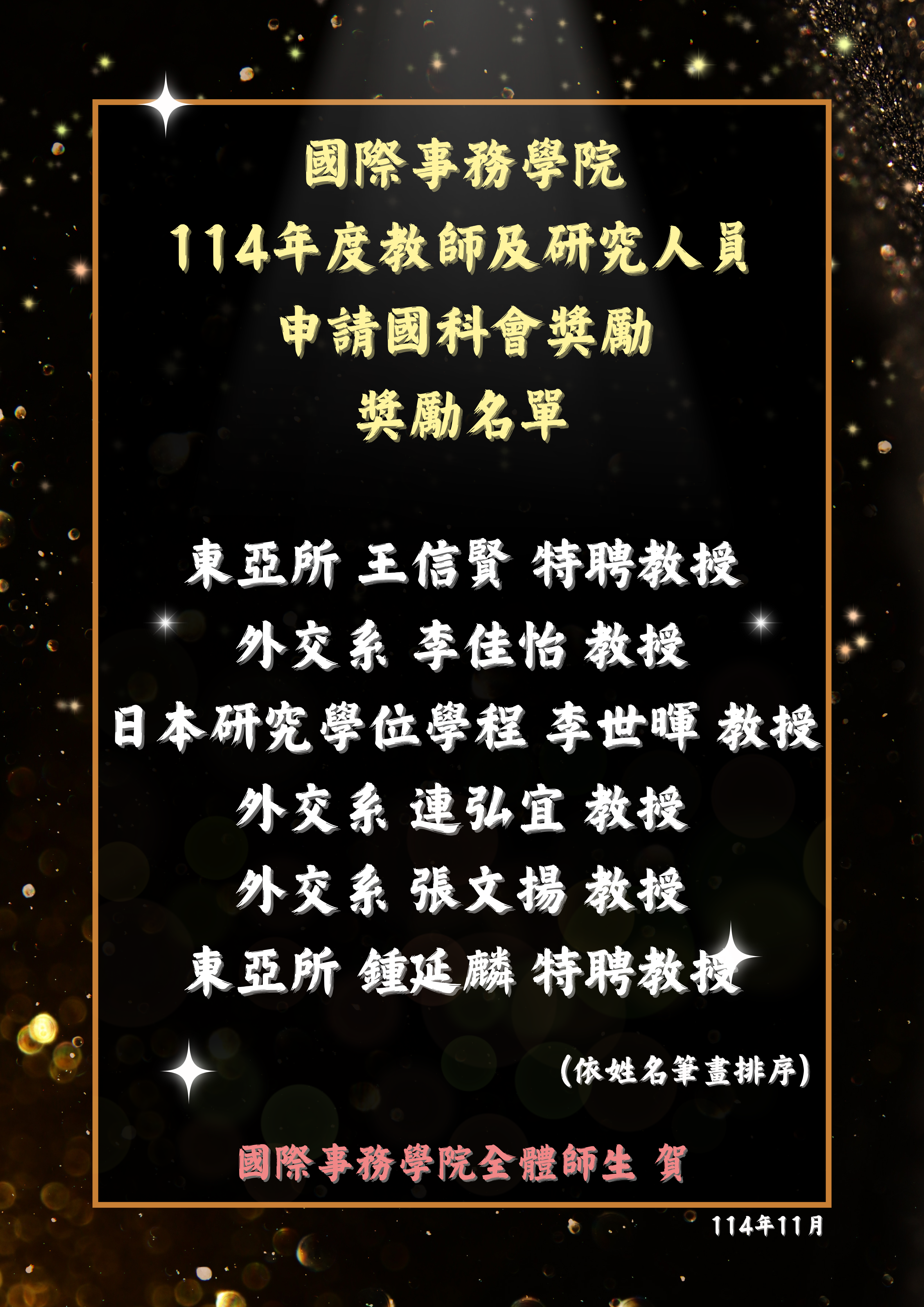 114年度教師及研究人員申請國科會獎勵 獎勵名單